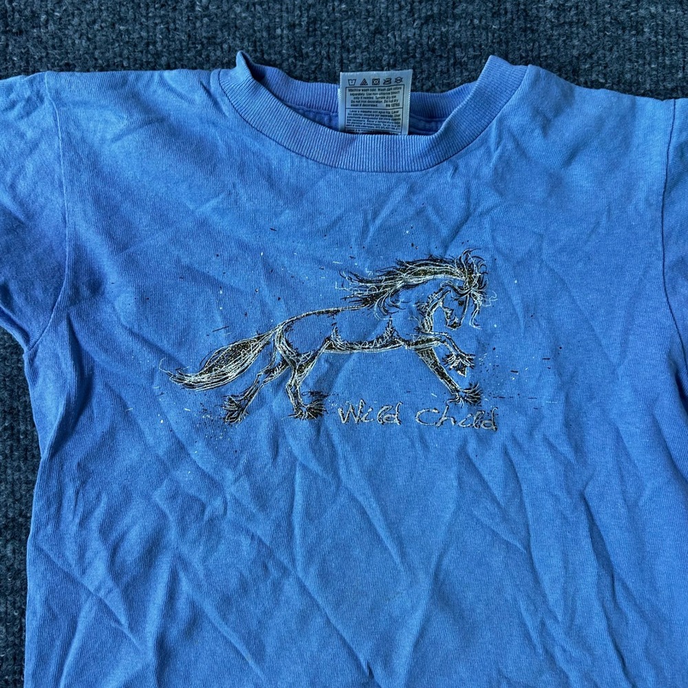 Fruit of the Loom T-Shirt Girls Size 6/8 Blue Glitter Horse Wild Child Graphic